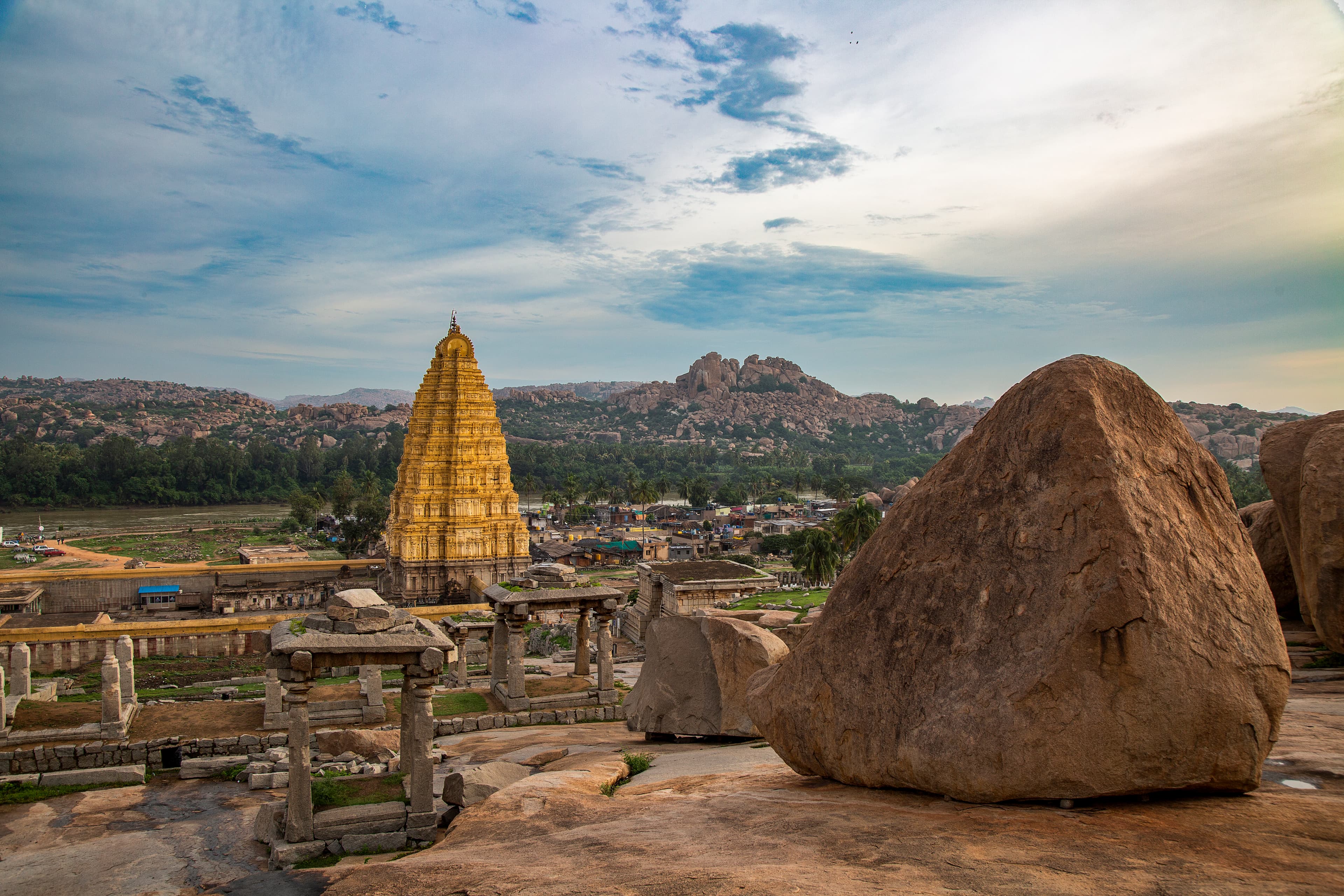 Stone & Spirit Virupaksha Temple Framed by Hemkuta Boulders