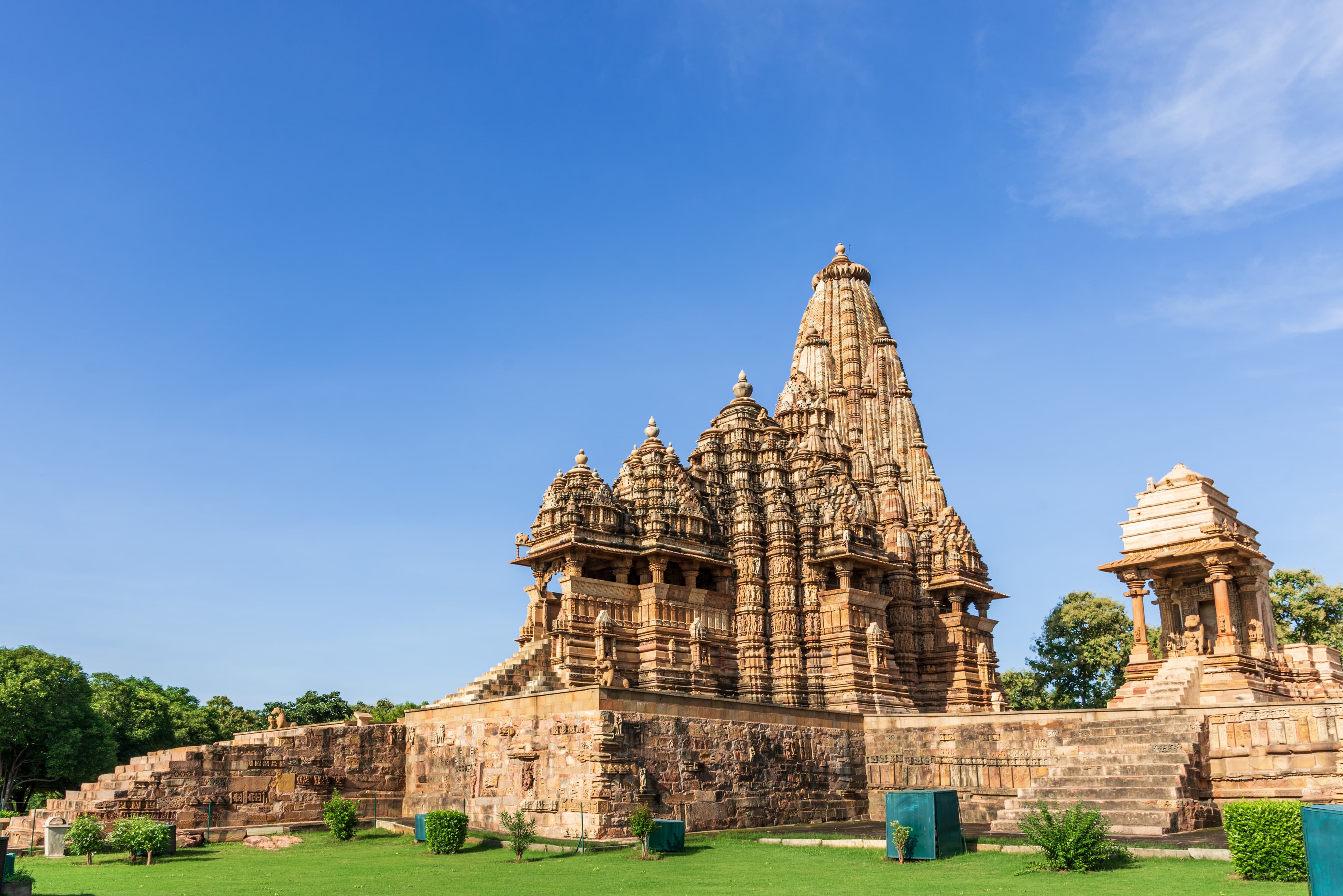 Side Profile of Kandariya Mahadev Temple under Clear Blue Skies
