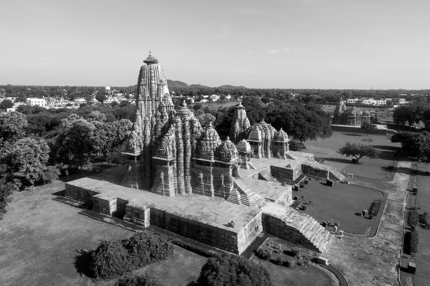 Timeless Majesty of Khajuraho – Aerial Black & White Heritage Perspective
