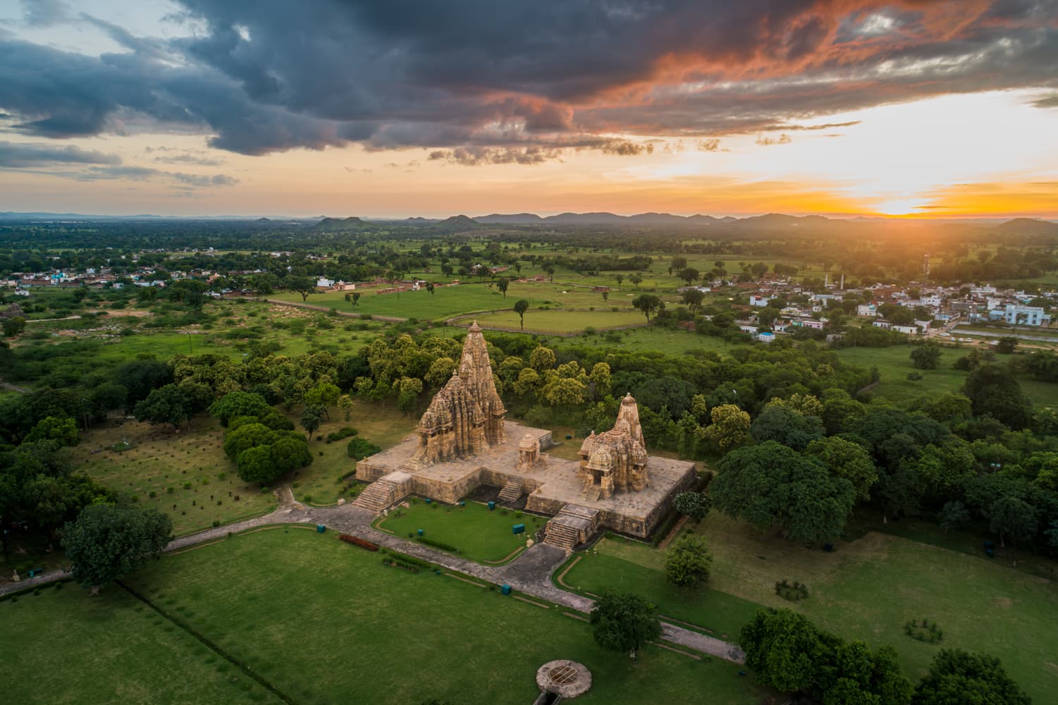 Khajuraho Temples at Sunset – Aerial View of Kandariya Mahadev Complex