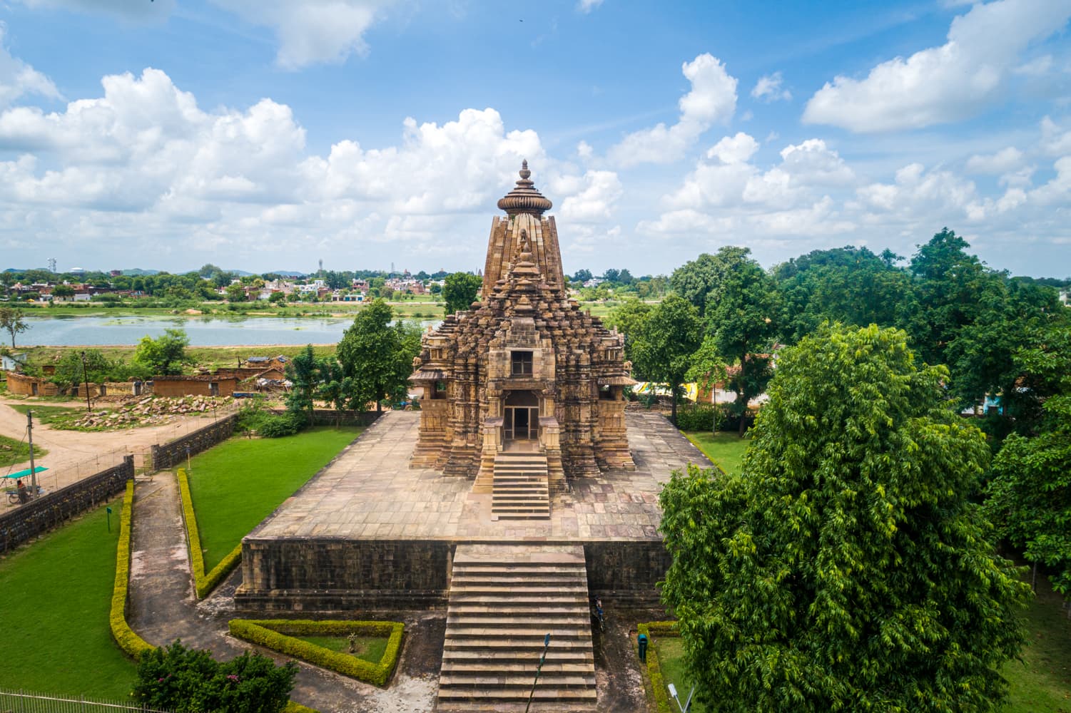 Javari Temple with Betwa River Backdrop – Aerial View of Khajuraho's Serenity