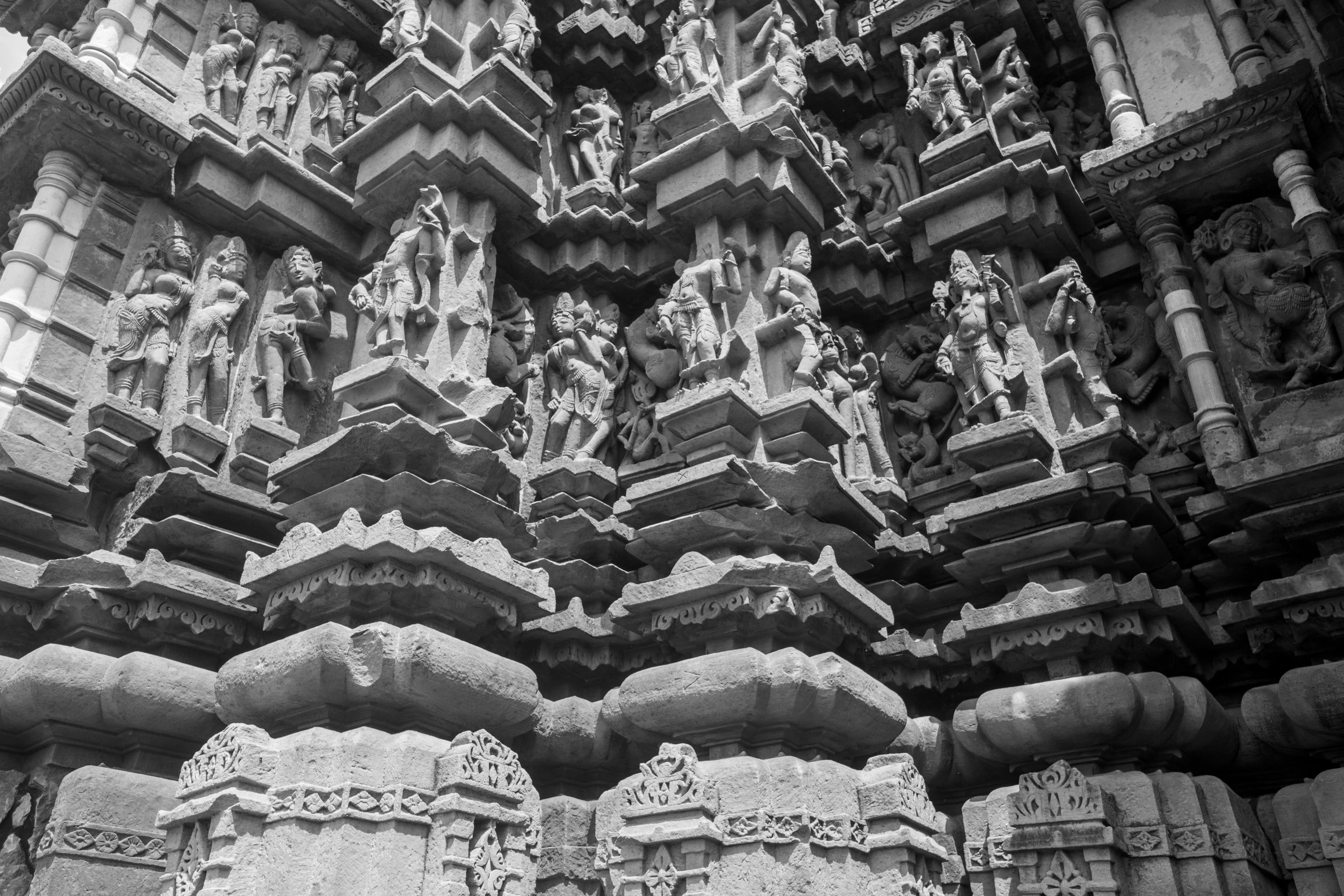 Intricate Stone Carvings of Vamana Temple, Khajuraho – Black and White Detail View