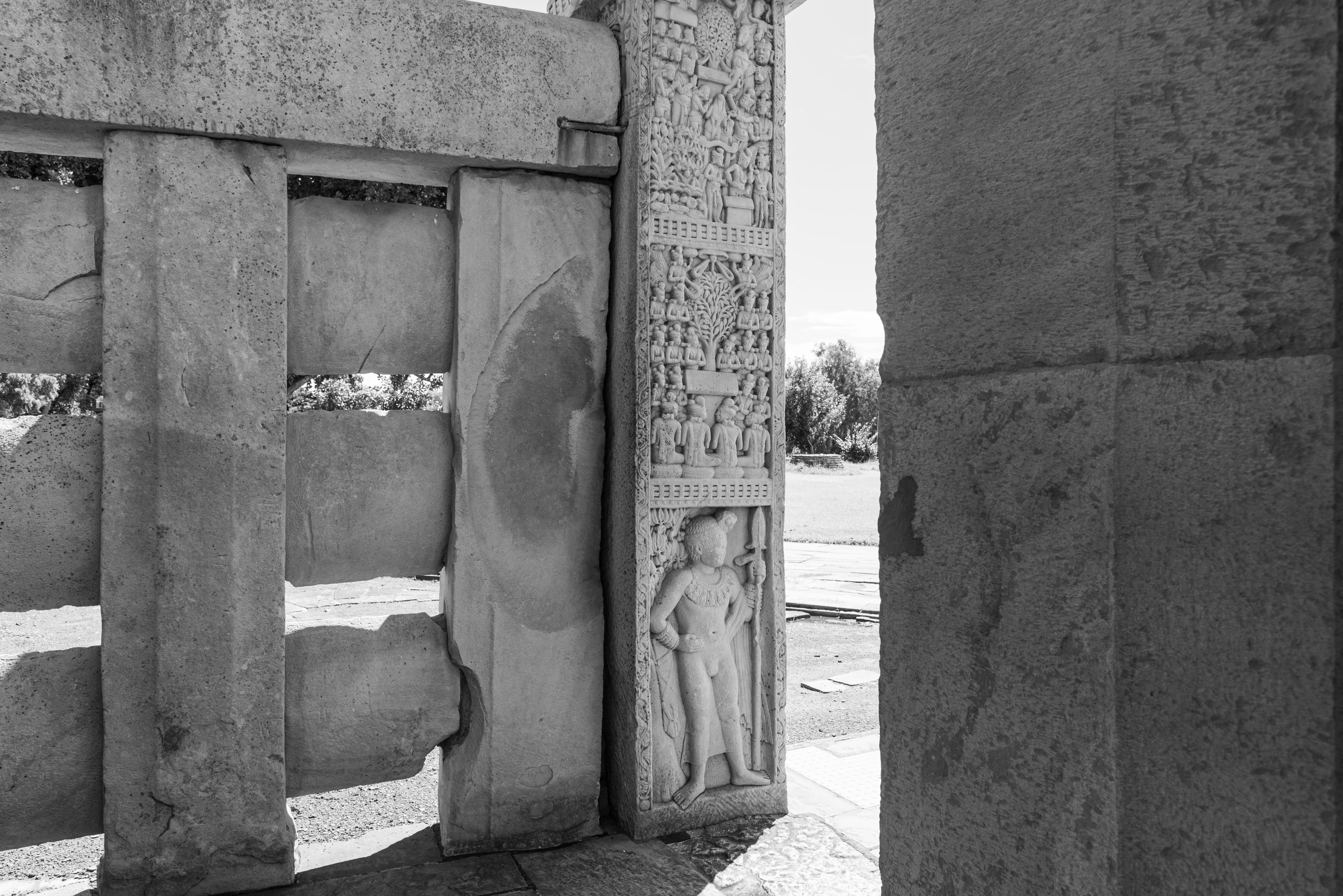 Sanchi Stupa Gateway Relief with Guardian Figure – Ancient Buddhist Stone Carving