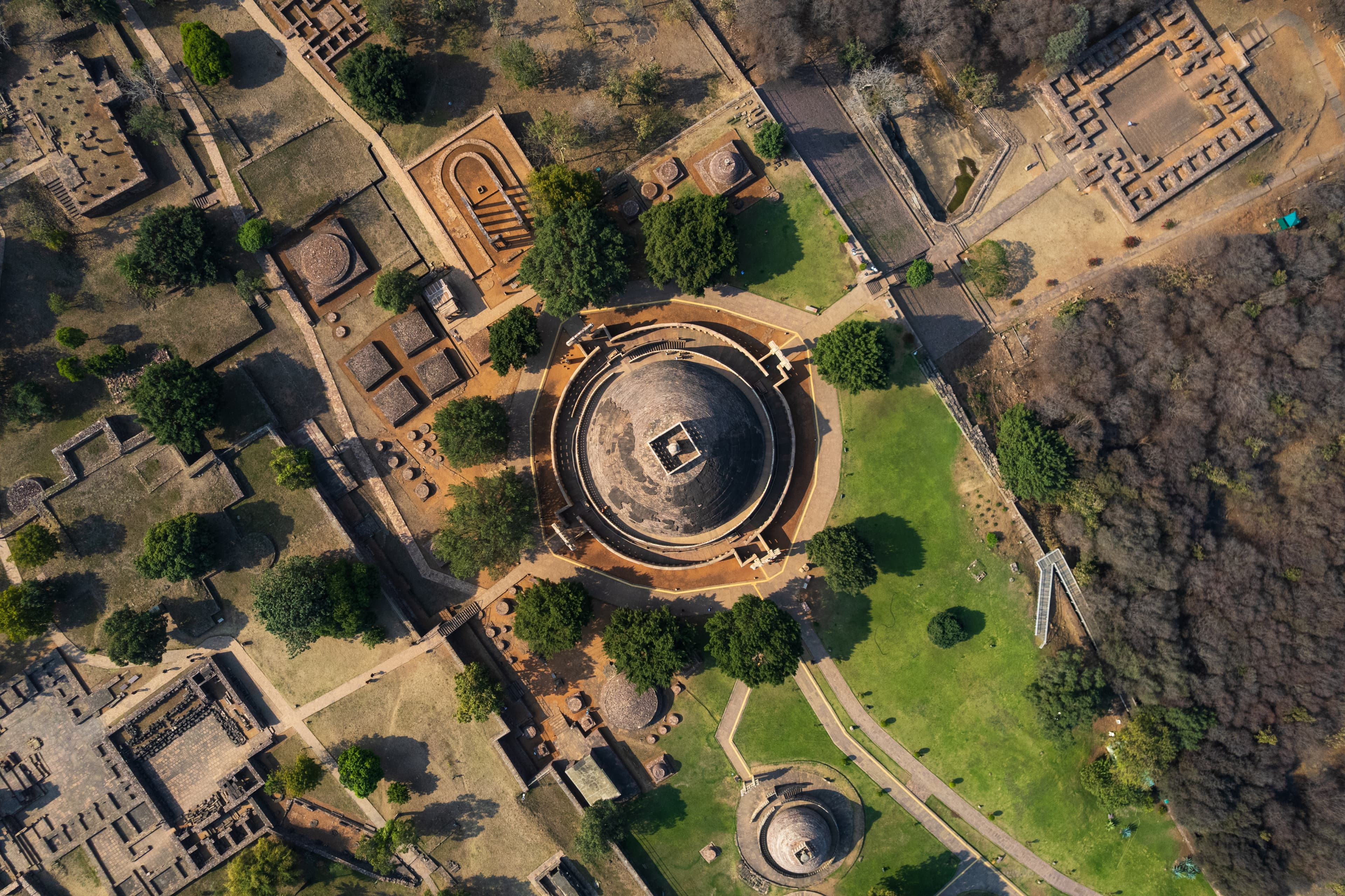 Aerial View of Sanchi Stupa Complex – Sacred Geometry in Stone