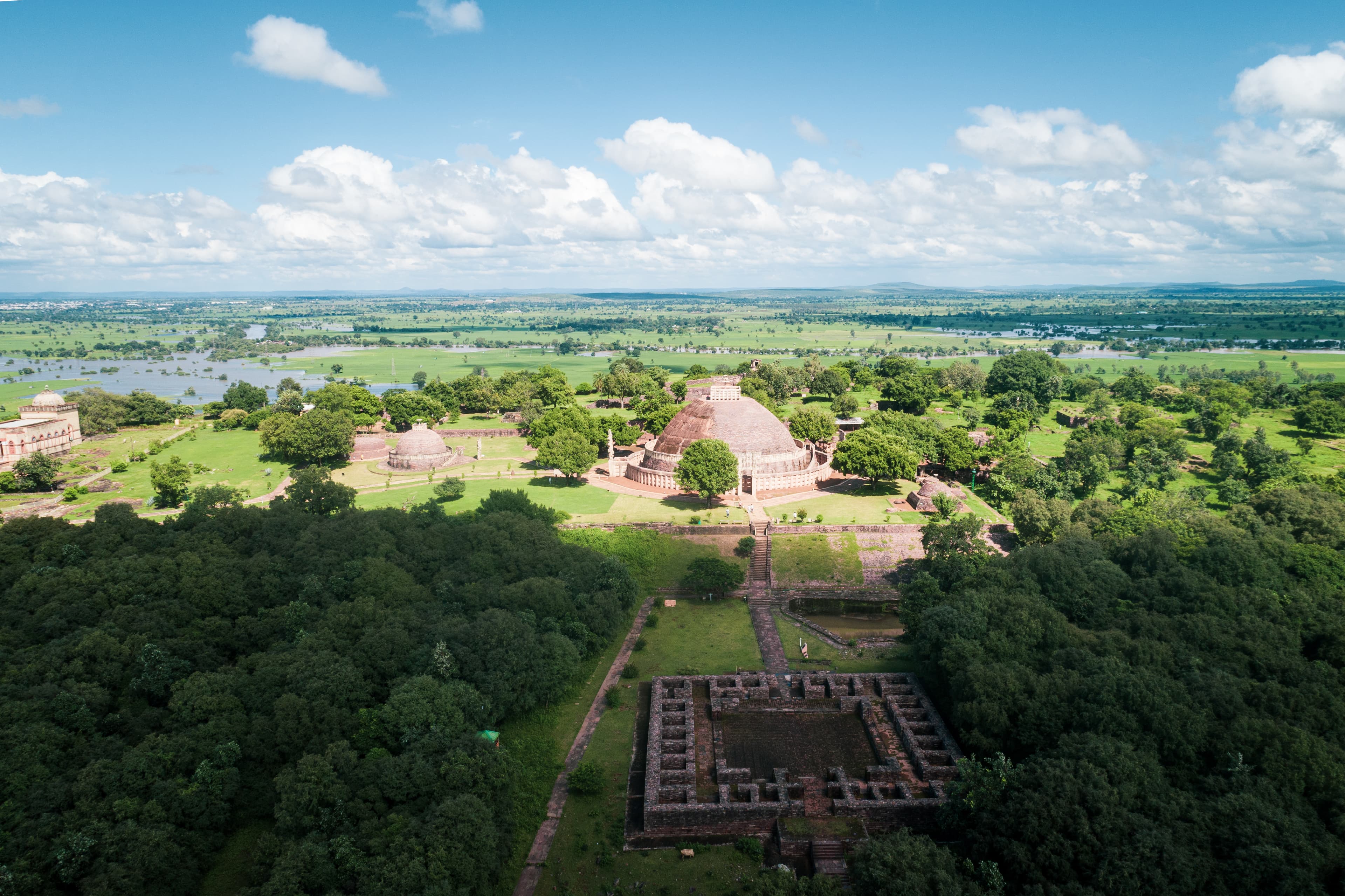 Panoramic Aerial View of Sanchi Stupas with Verdant Countryside