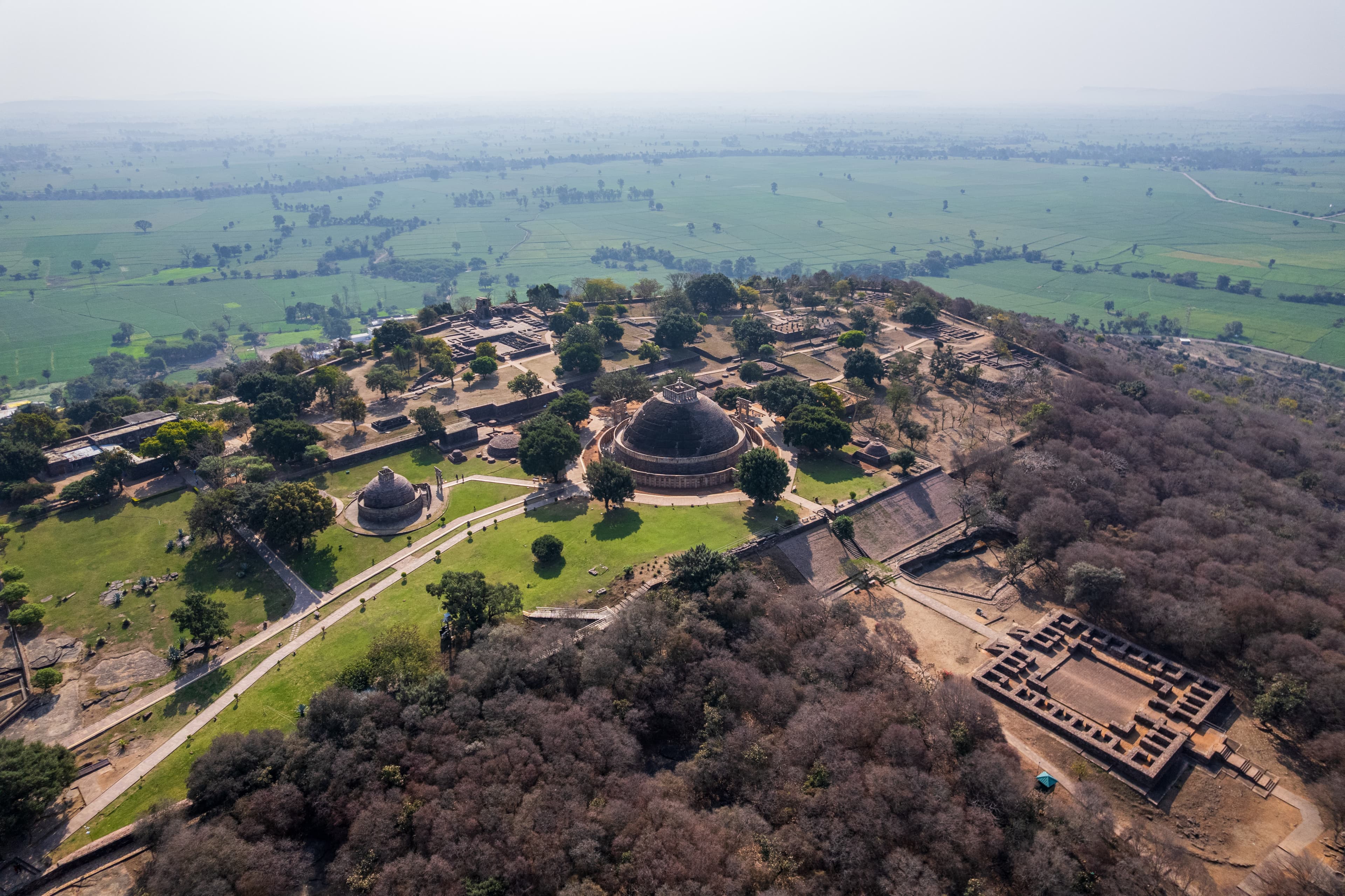 Sanchi Stupa Aerial Panorama with Monastic Ruins and Farmland