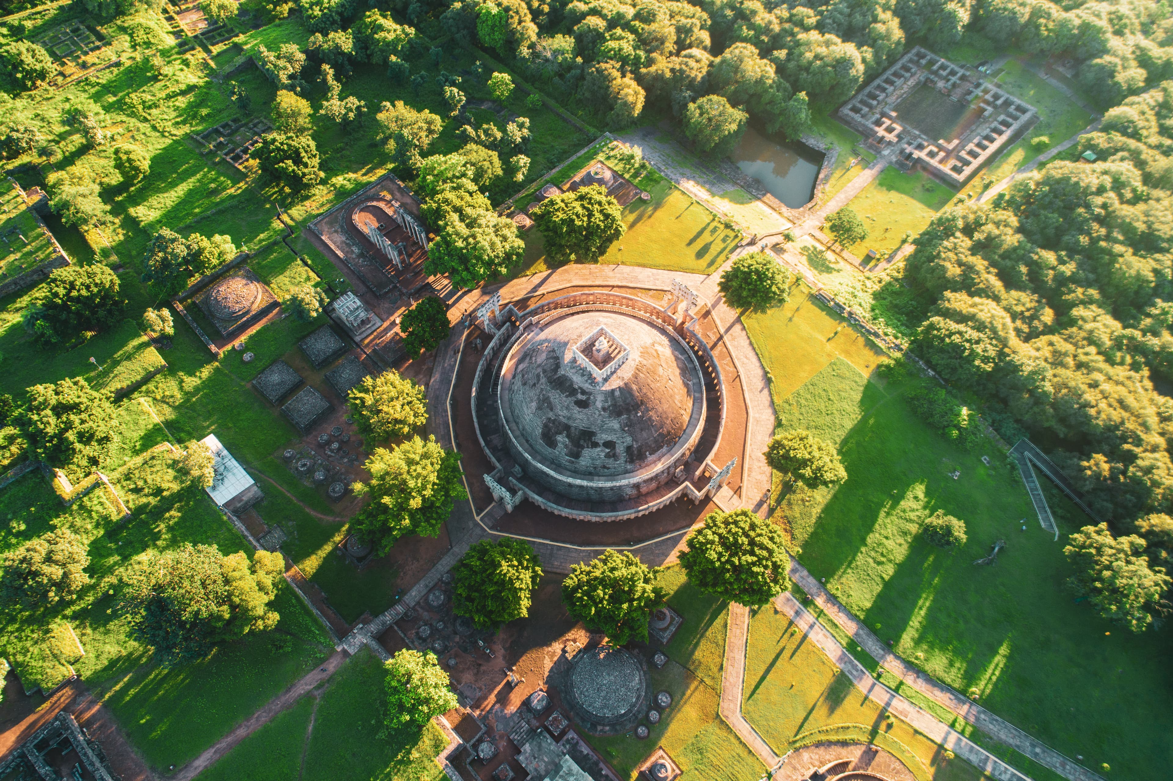 Golden Hour Over Sanchi Stupa Aerial View of Heritage in Harmony