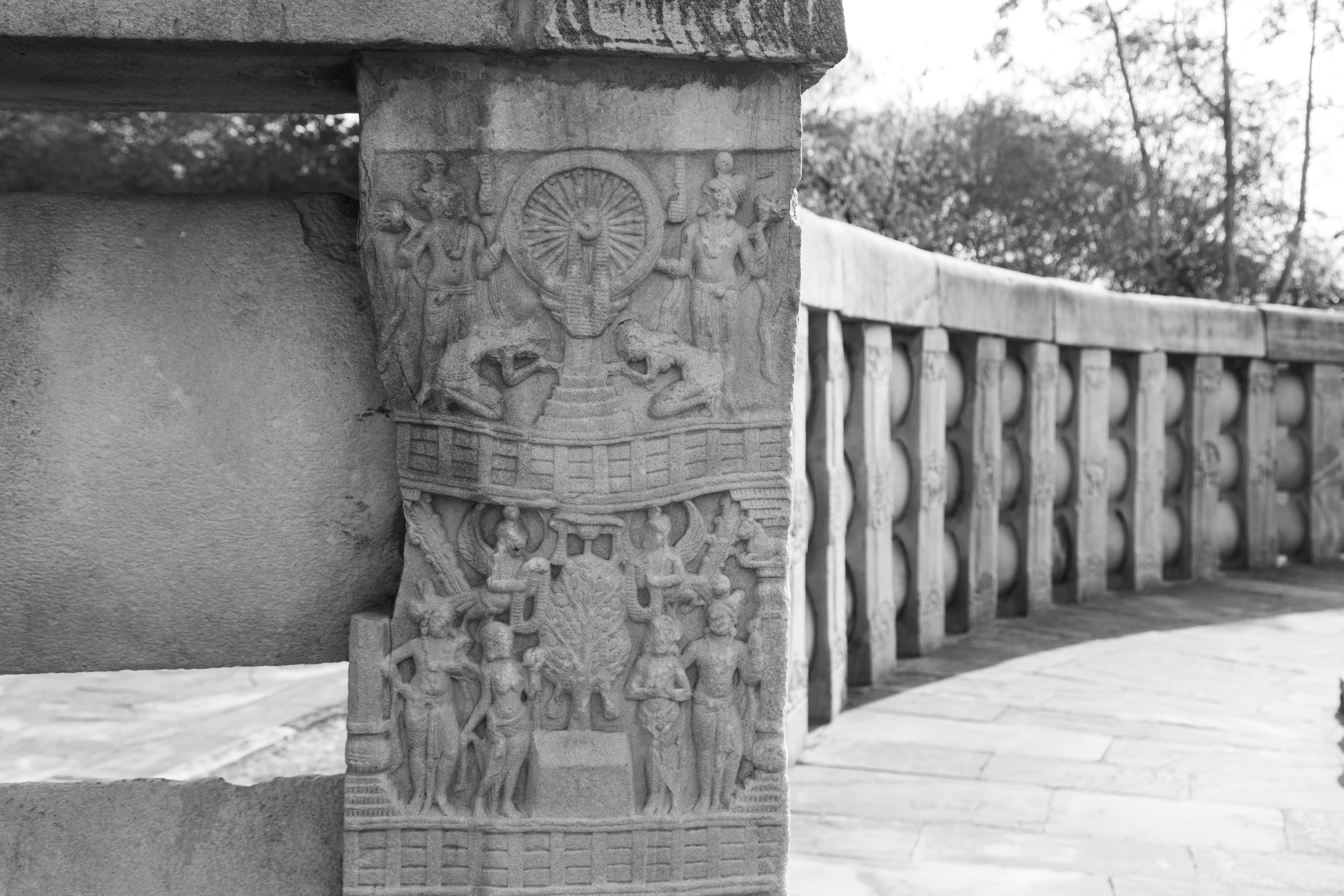 Dharmachakra and Bodhi Tree Carvings at Sanchi Stupa