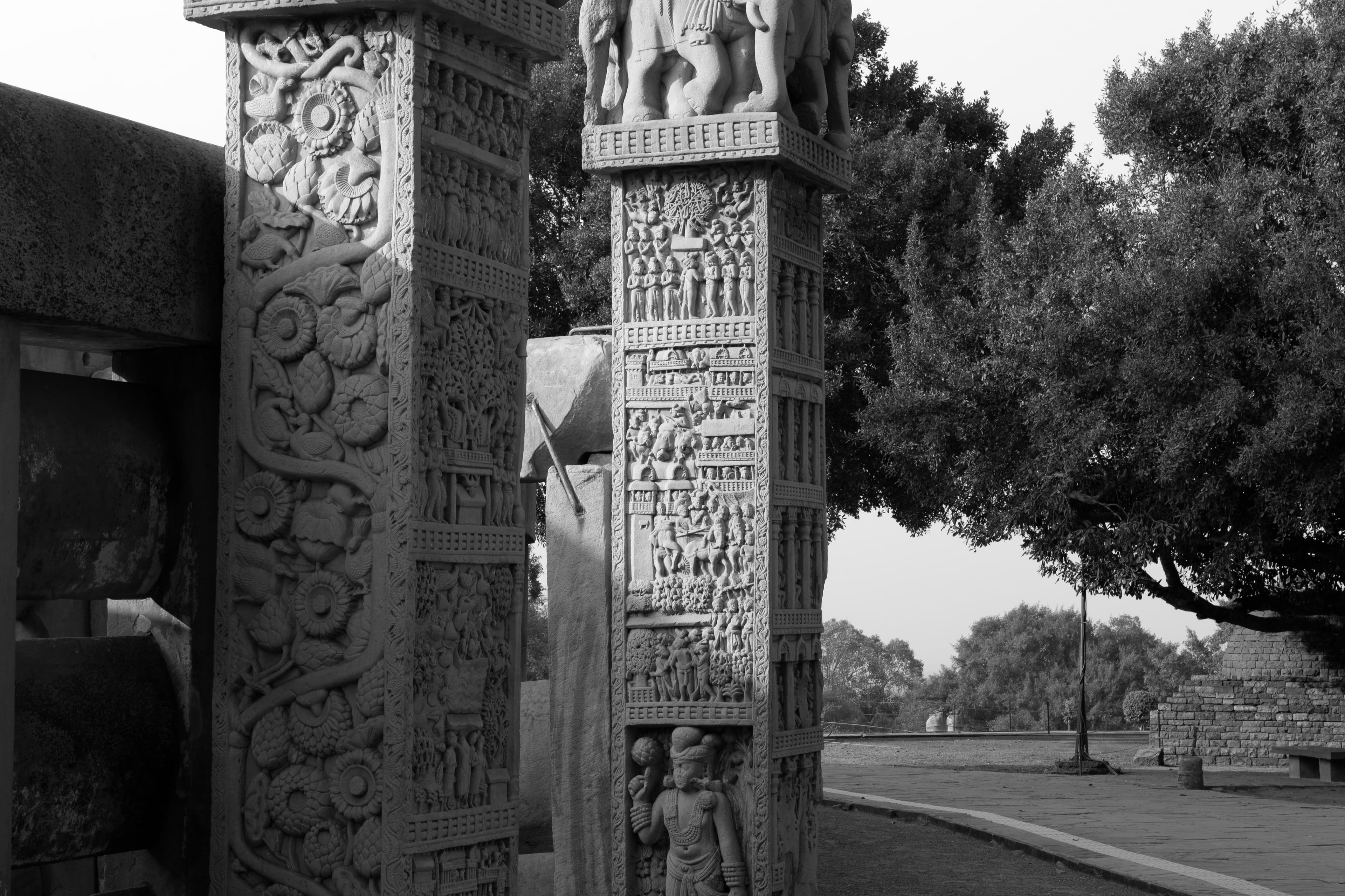 Detailed Pillar Carvings of Sanchi in Monochrome