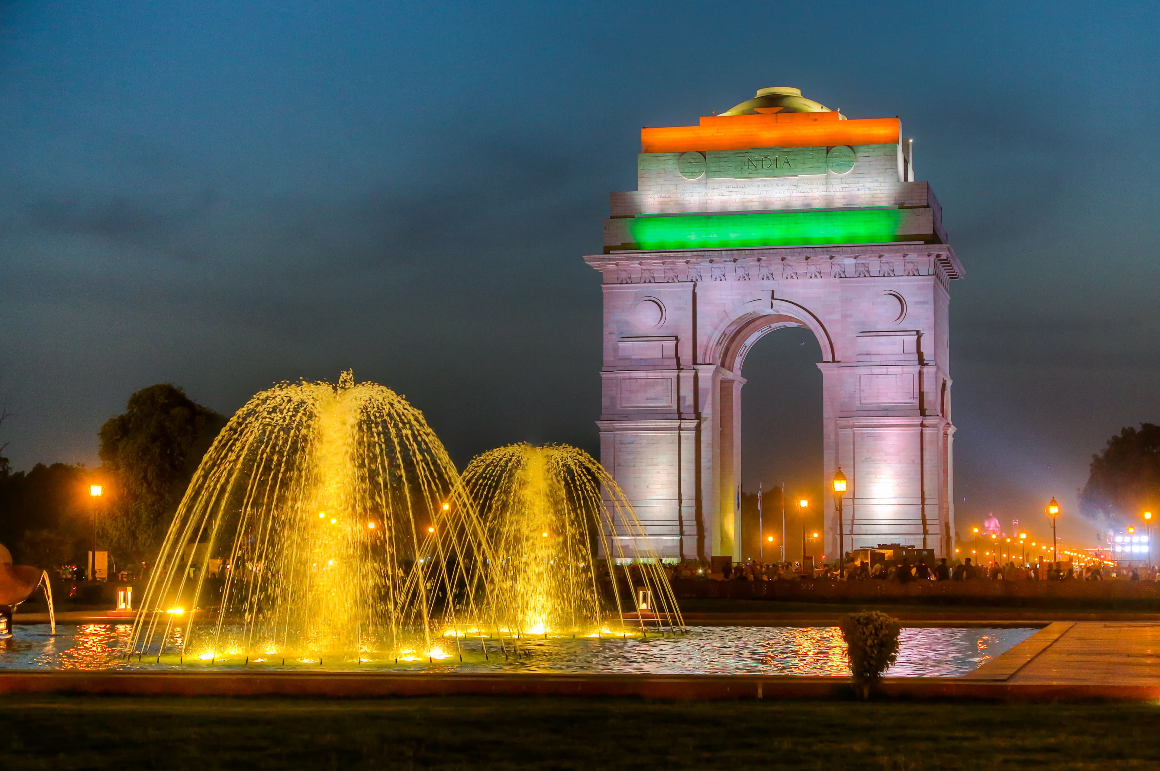 India Gate at Night with Illuminated Fountain