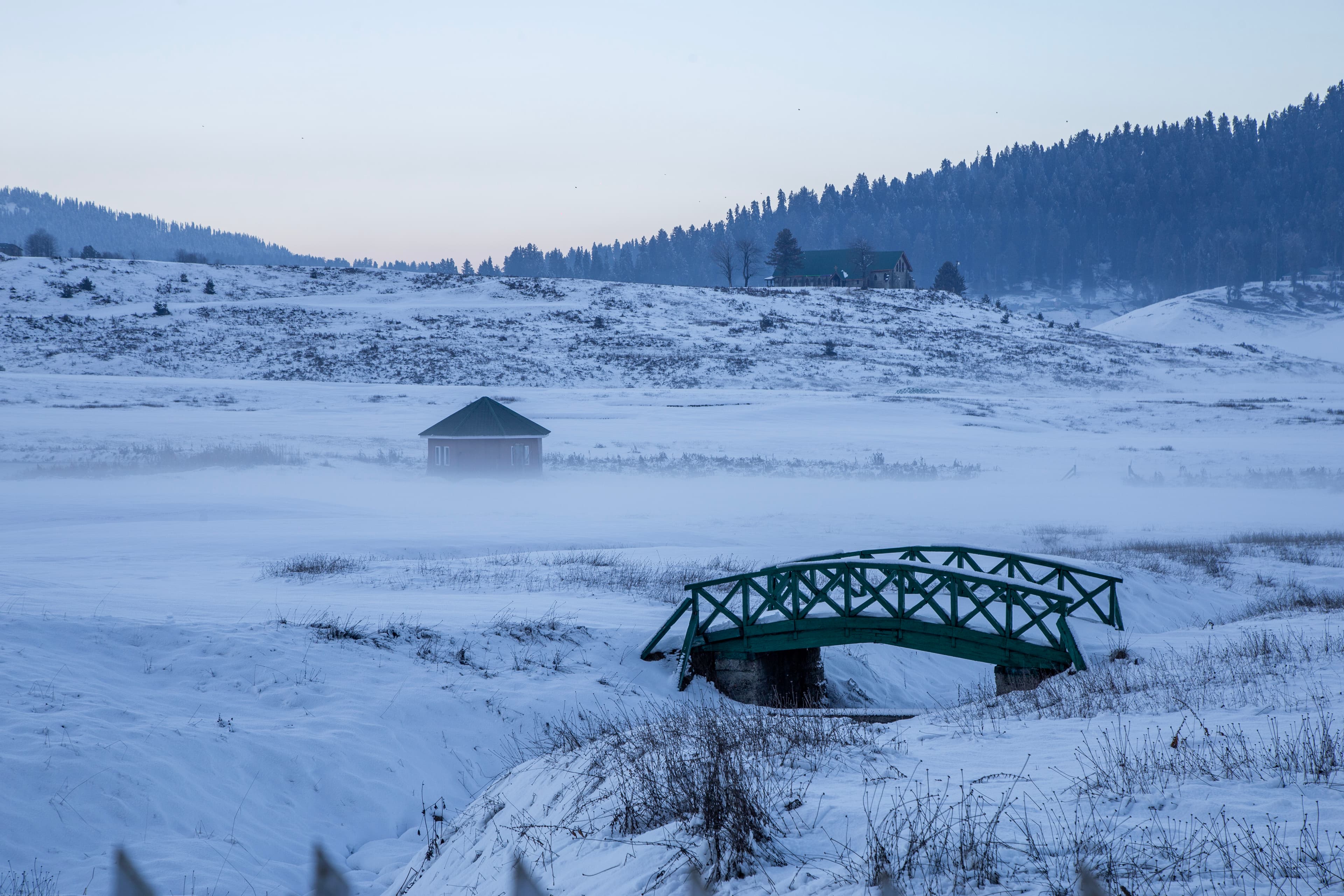Misty Morning in Snowy Gulmarg – Bridge to Silence