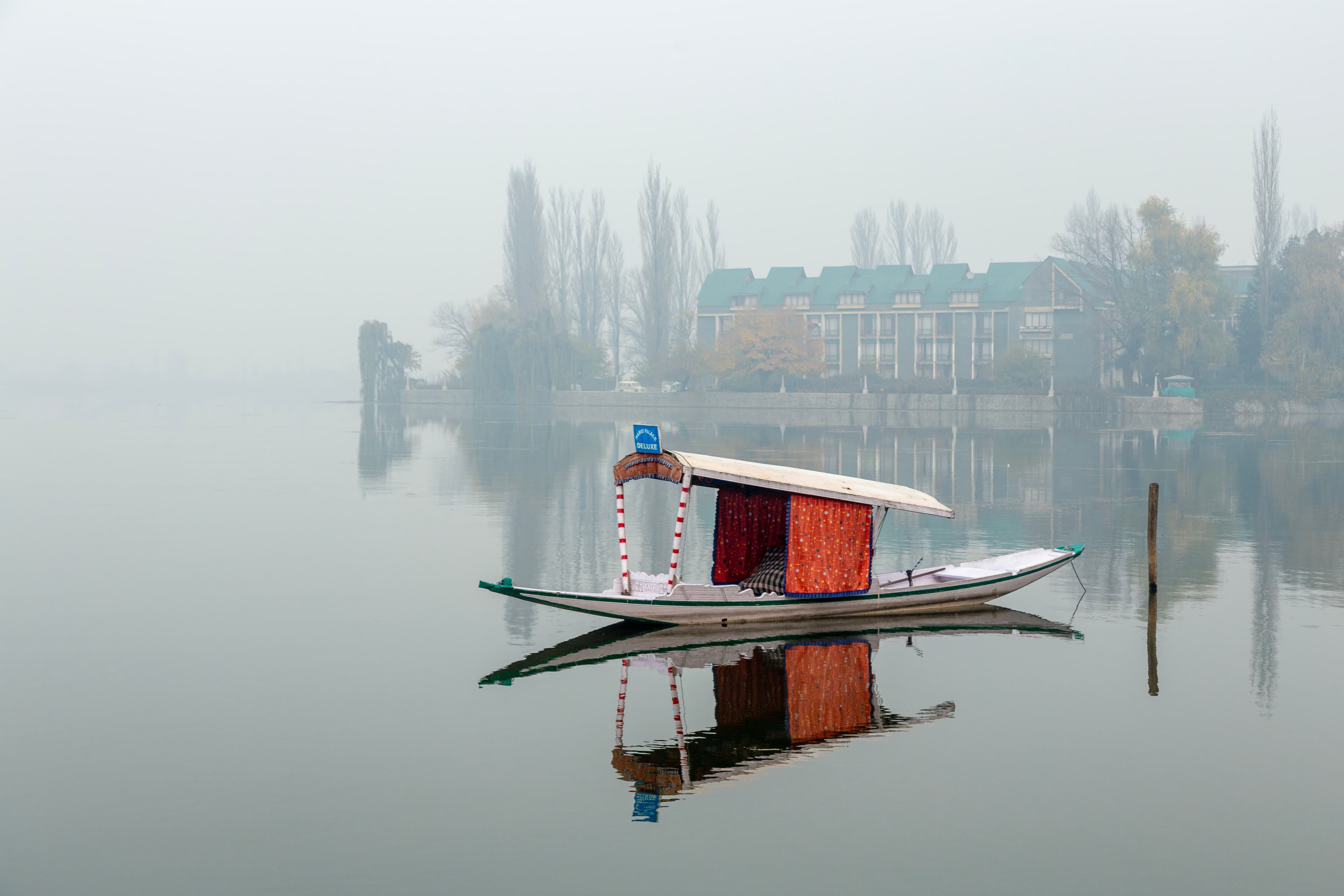 Solitary Shikara on a Misty Dal Lake Morning