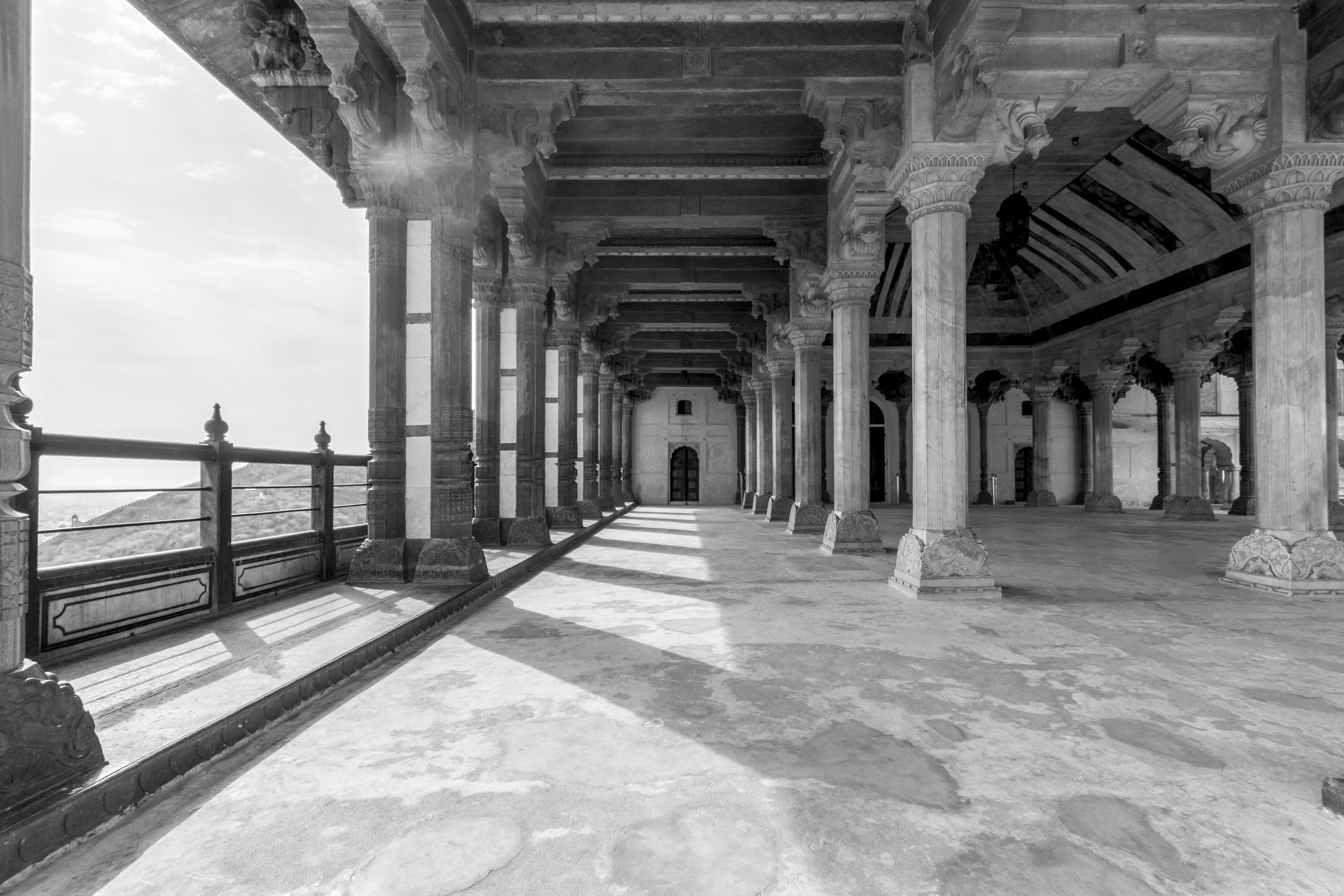 Monochrome View of Amer Fort's Pillared Pavilion