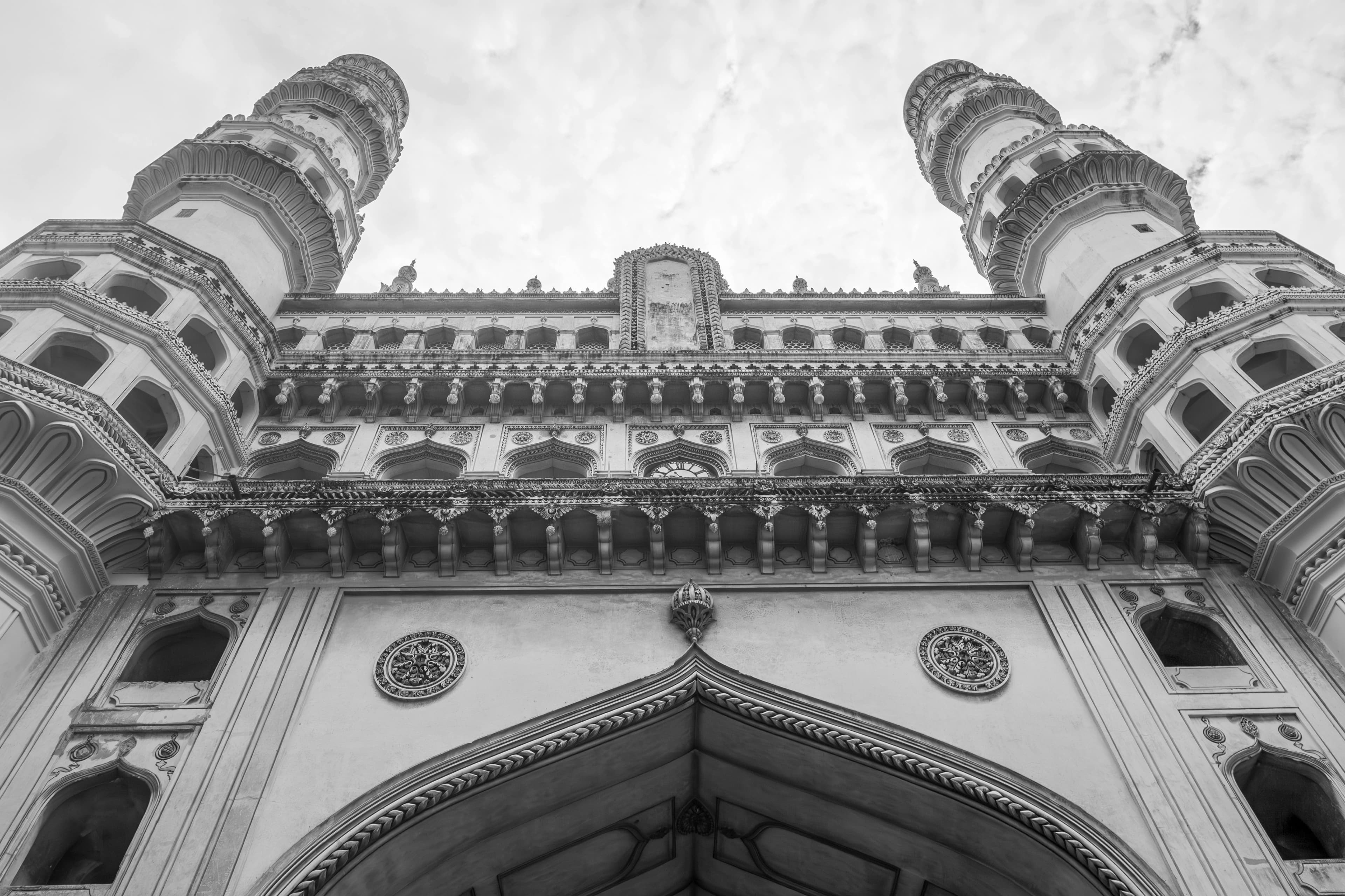 Charminar from Below – Monochrome Majesty